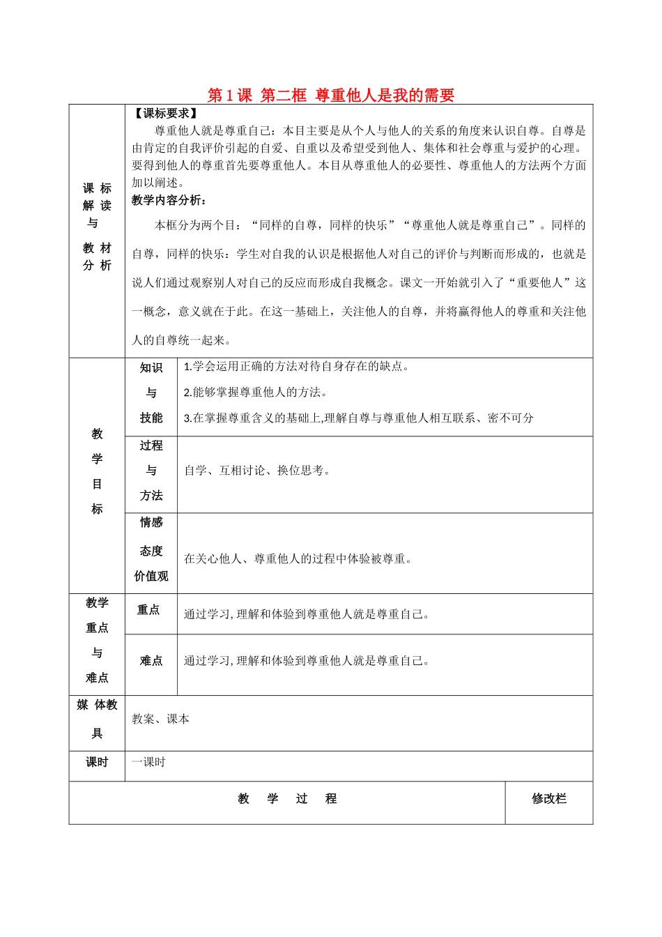 甘肃省武威第十一中学七年级政治下册《第一单元 第1课 第二框 尊重他人是我的需要》教案 新人教版_第1页