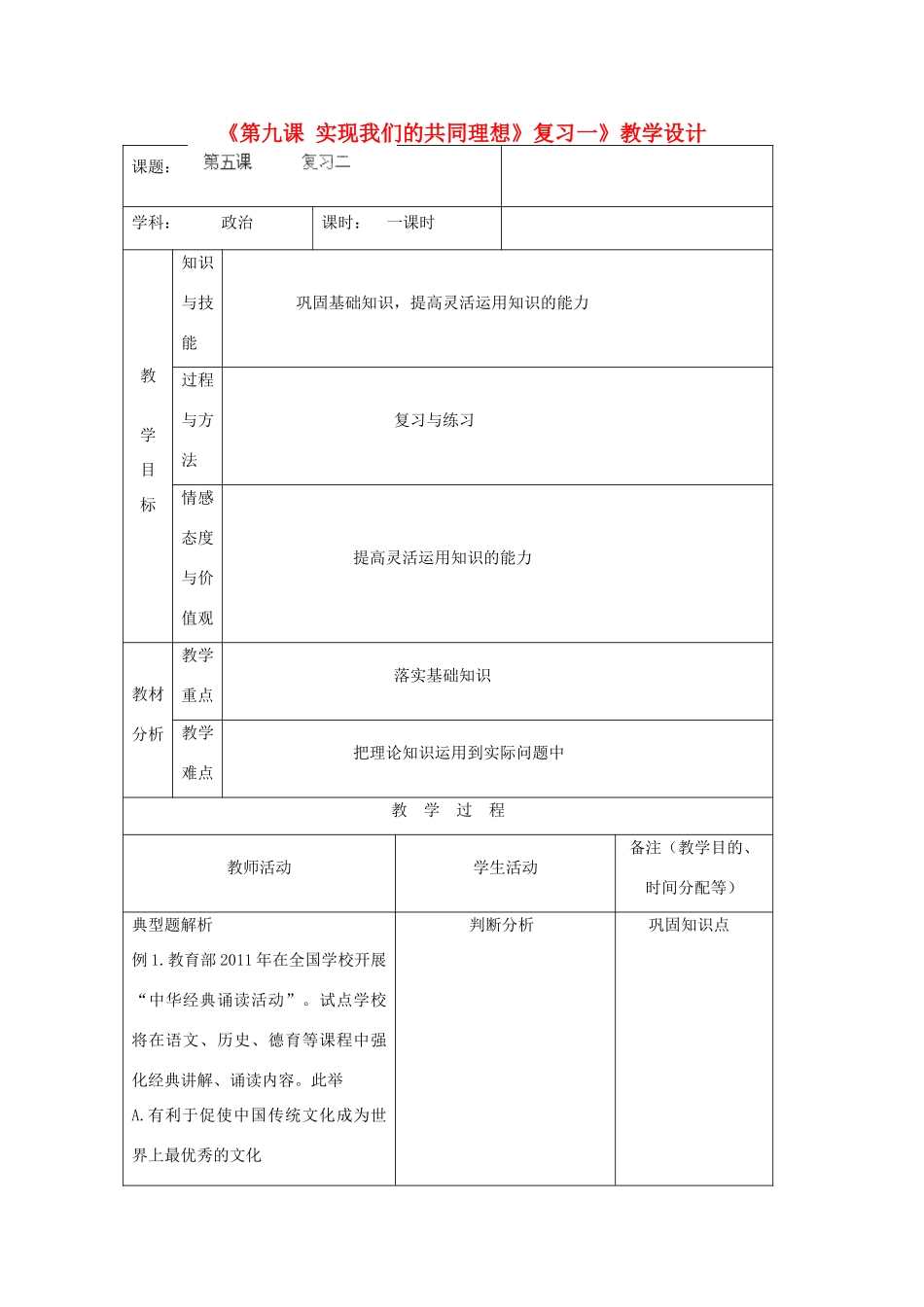 吉林省四平市第十七中学九年级政治全册《第九课 实现我们的共同理想》复习教案一 新人教版_第1页