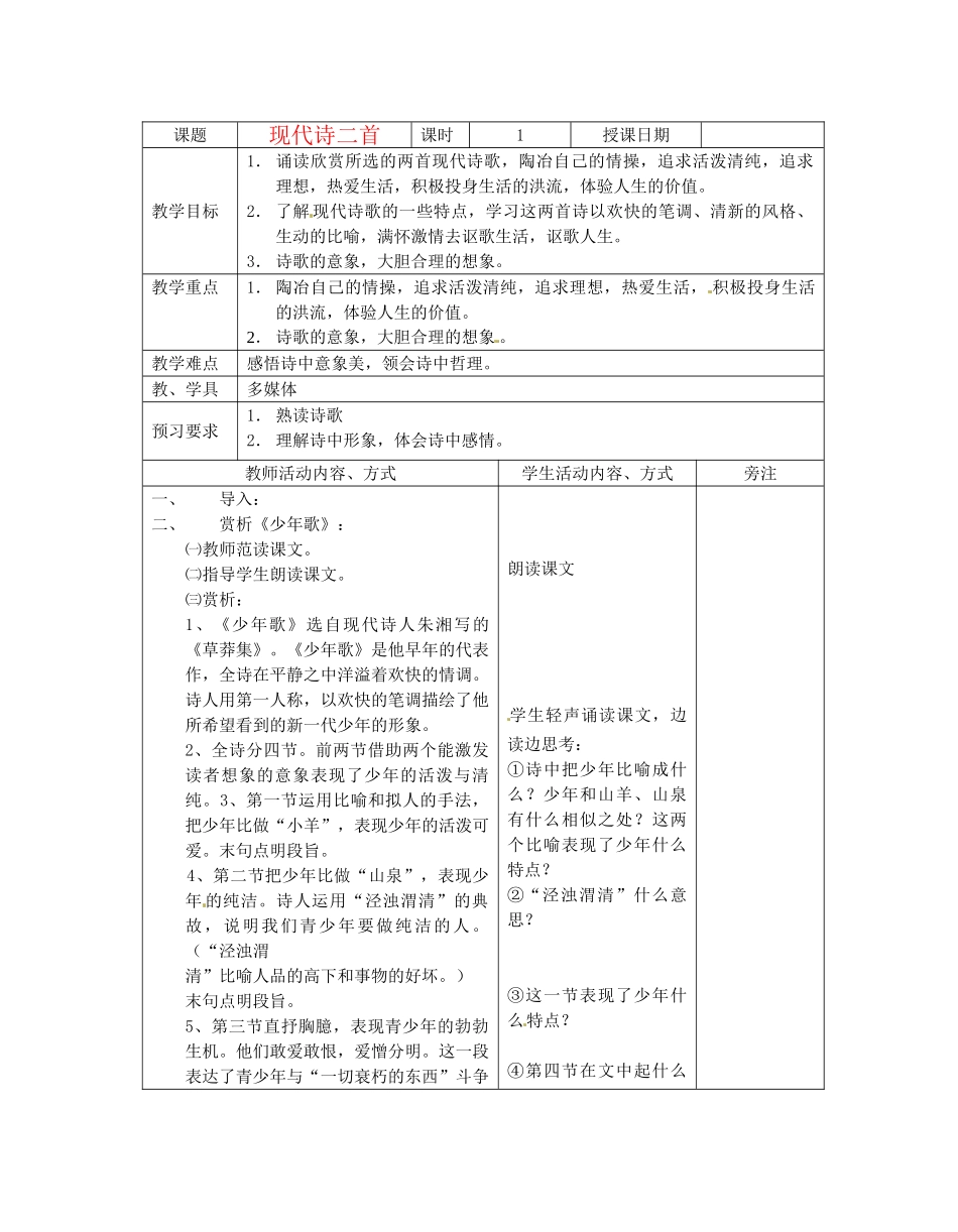 七年级语文下册 第25课《现代诗二首》教案 苏教版_第1页