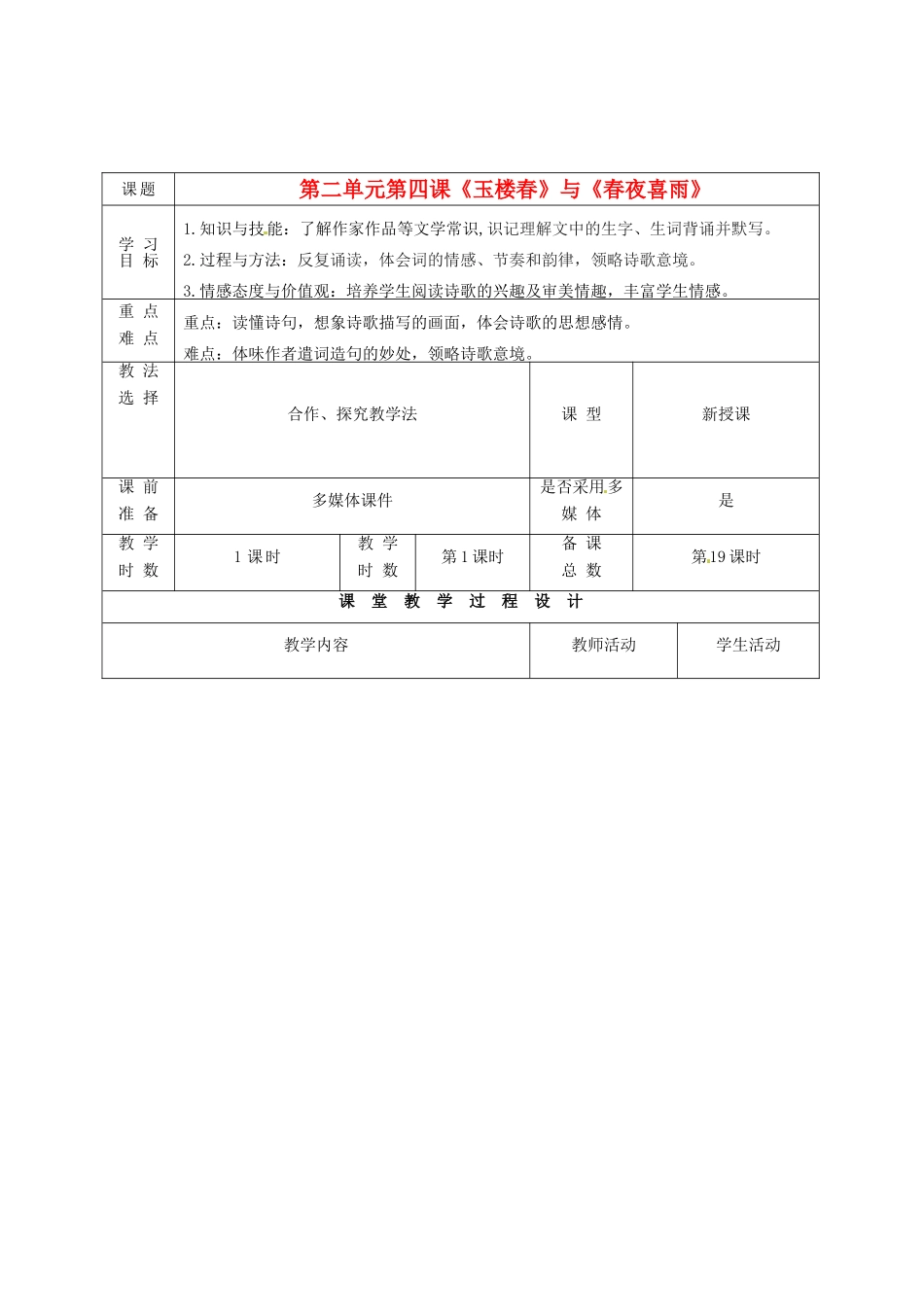 甘肃省酒泉市瓜州县第二中学七年级语文下册 第二单元 第四课《玉楼春》与《春夜喜雨》教案 北师大版_第1页