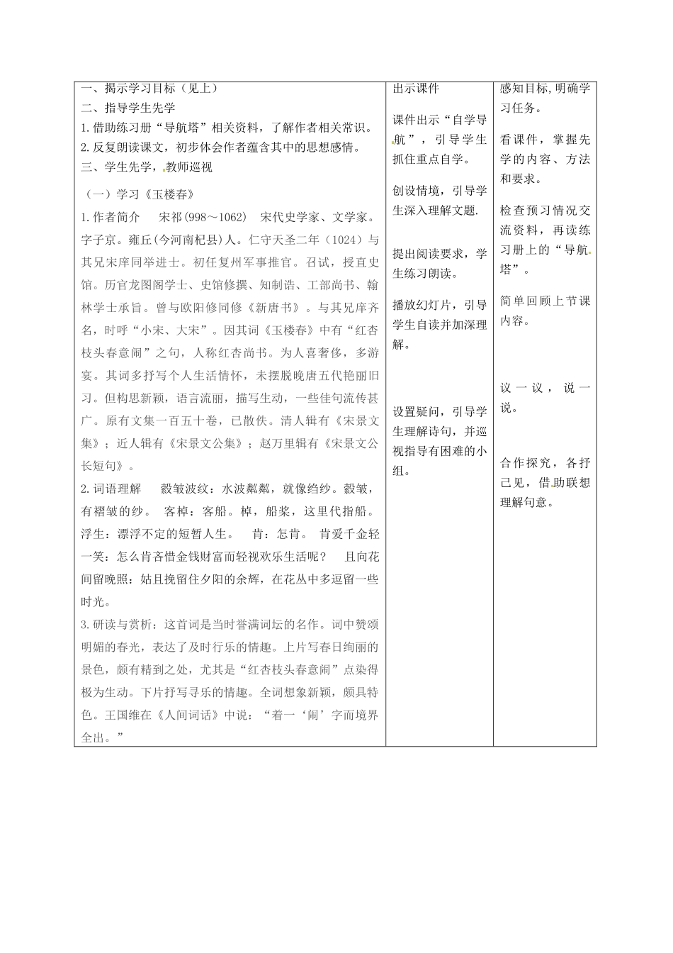 甘肃省酒泉市瓜州县第二中学七年级语文下册 第二单元 第四课《玉楼春》与《春夜喜雨》教案 北师大版_第2页