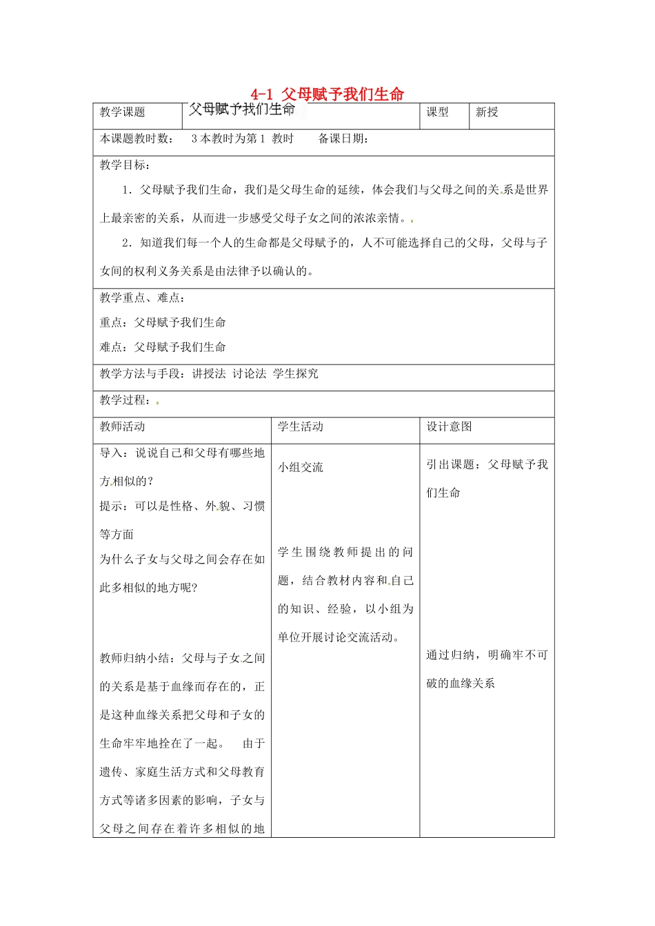江苏省昆山市锦溪中学八年级政治上册 4-1 父母赋予我们生命教案 苏科版_第1页
