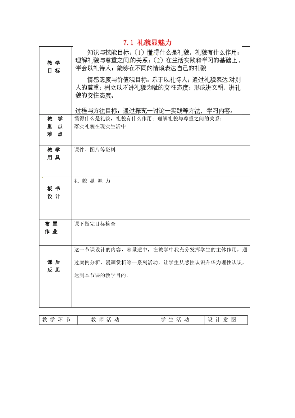 北京市豆各庄中学八年级政治上册 7.1 礼貌显魅力教案 新人教版_第1页