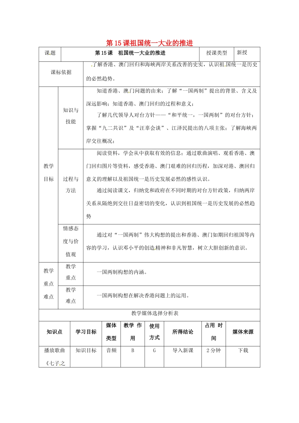 陕西省安康市石泉县池河镇八年级历史下册 第三单元 建设中国特色社会主义 第15课 祖国统一大业的推进教案1 北师大版-北师大版初中八年级下册历史教案_第1页
