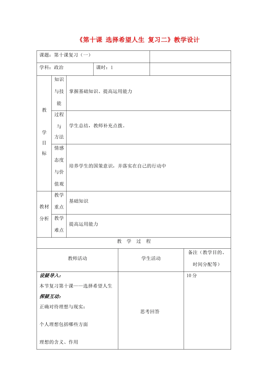 吉林省四平市第十七中学九年级政治全册《第十课 选择希望人生》复习教案二 新人教版_第1页