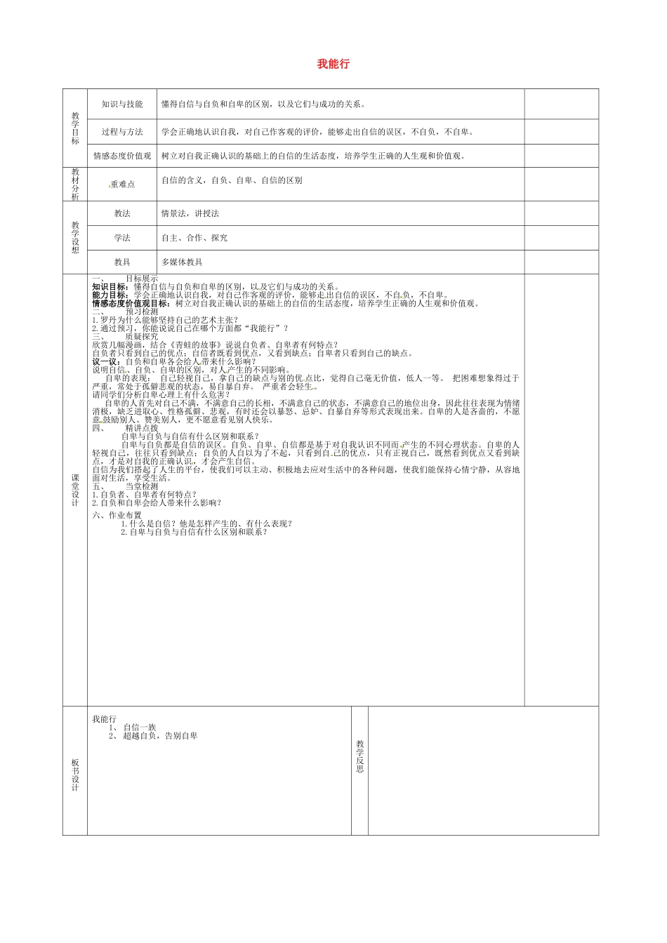 甘肃省宁县第五中学七年级政治下册 第一单元 第二课 第一框 我能行教案 新人教版_第1页