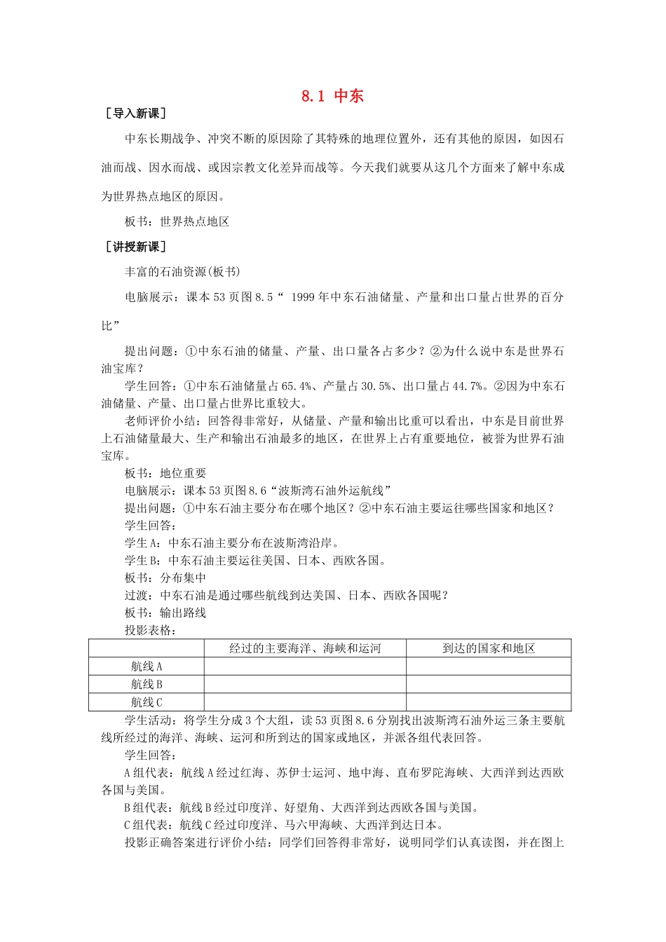 山东省惠东县白花镇第一中学七年级地理下册《8.1 中东（第2课时）》教案 新人教版_第1页