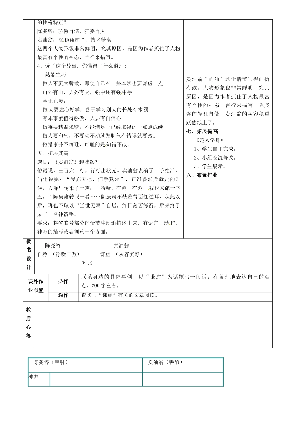 七年级语文上册 第28课《卖油翁》教案（2） 鲁教版五四制-鲁教版五四制初中七年级上册语文教案_第2页