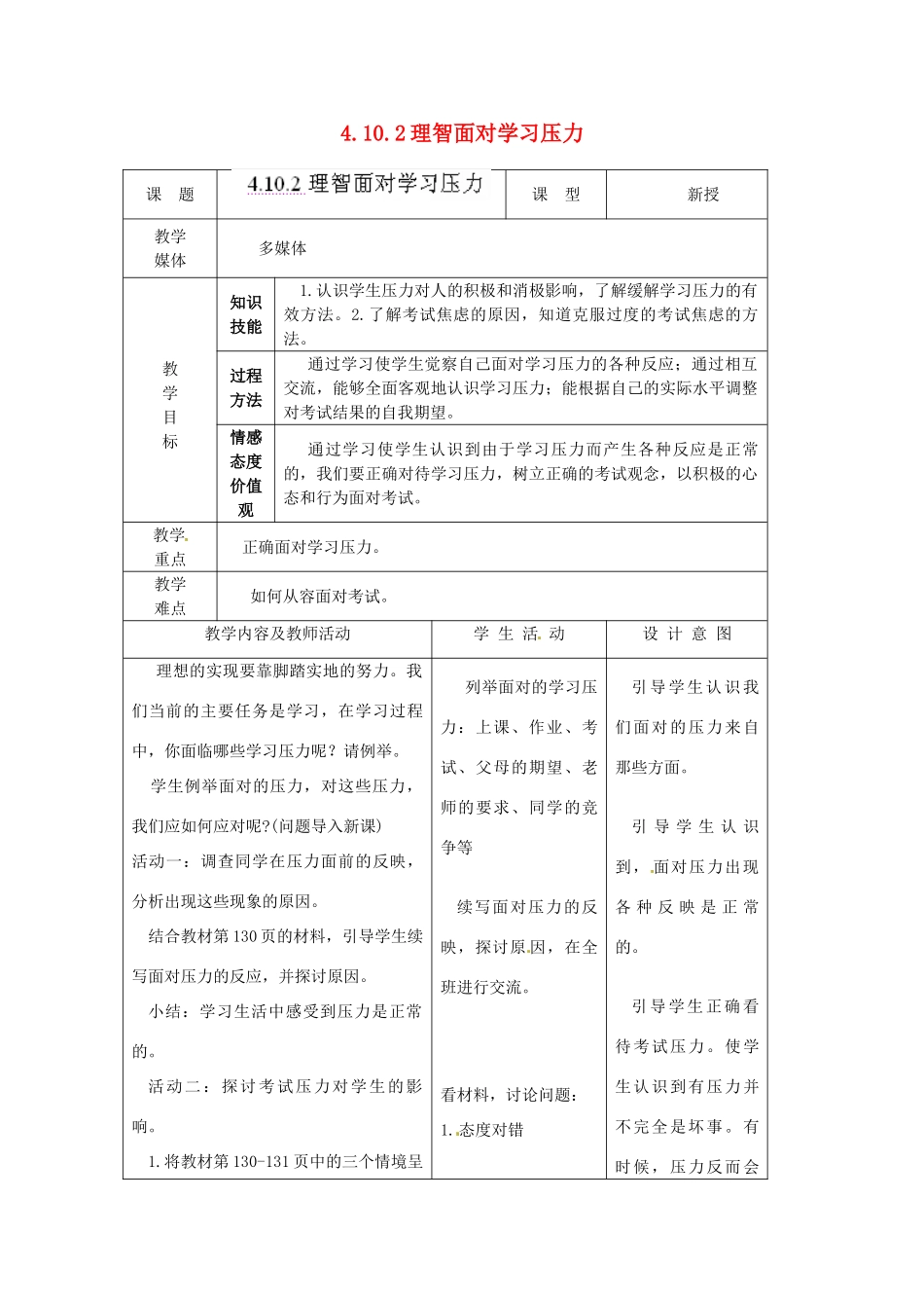 江苏省南通市实验中学九年级政治全册 4.10.2理智面对学习压力教案 新人教版_第1页