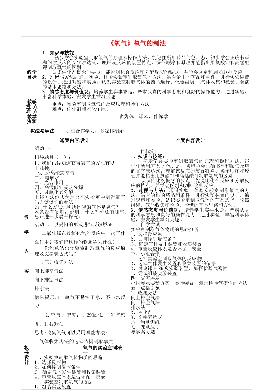 山东省烟台市黄务中学八年级化学全册 第四单元 第二节《氧气》氧气的制法教案1 鲁教版五四制_第1页