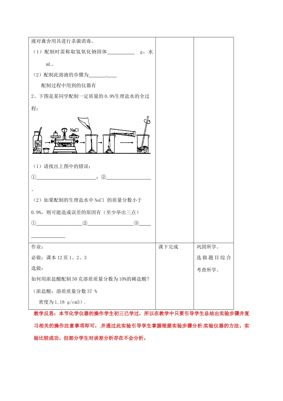 九年级化学全册 第1单元 溶液 溶液的配制教案 鲁教版五四制-鲁教版五四制初中九年级全册化学教案_第3页