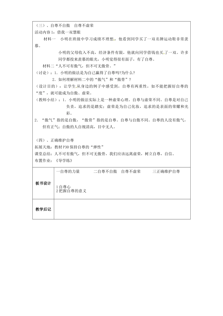 江苏省太仓市第二中学七年级政治上册《第三课 第二框 立身需要自尊》教案 苏教版_第3页