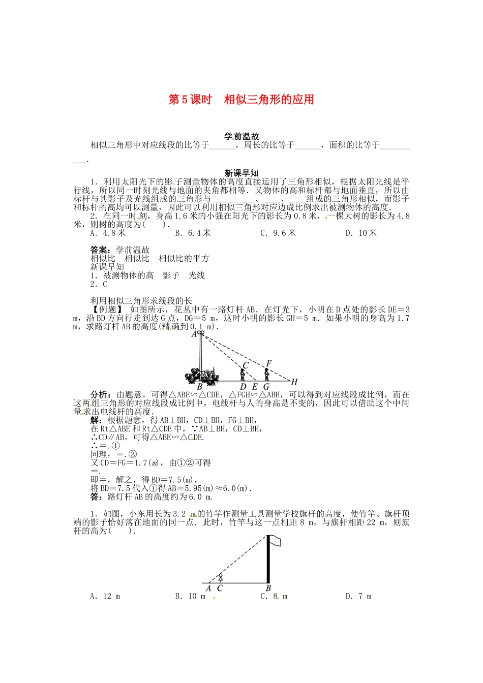 九年级数学上册 第23章 图形的相似23.3 相似三角形第5课时学案（新版）华东师大版-（新版）华东师大版初中九年级上册数学学案_第1页