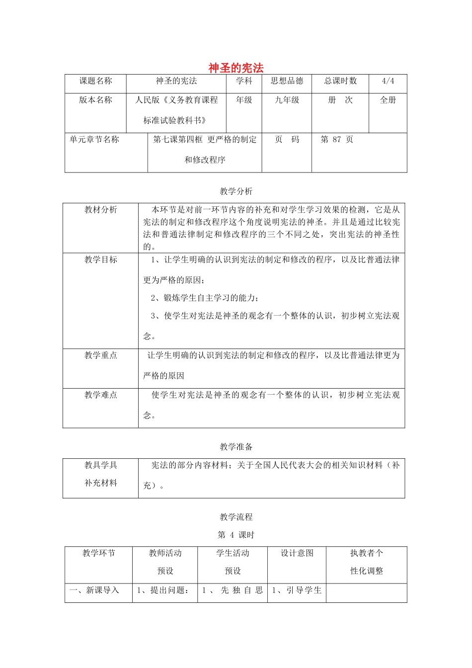 辽宁省凌海市石山初级中学九年级政治全册《神圣的宪法》教学设计 人民版_第1页
