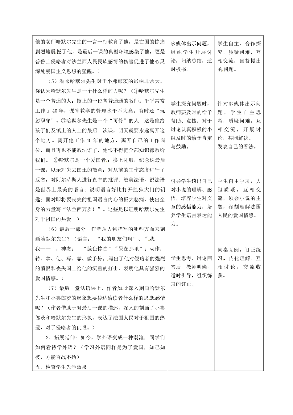 甘肃省酒泉市瓜州县第二中学七年级语文下册 第三单元 第一课《最后一课》第二课时教案 北师大版_第3页