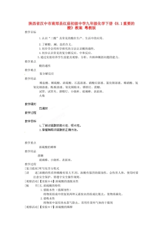 陕西省汉中市南郑县红庙初级中学九年级化学下册《8.1重要的酸》教案 粤教版