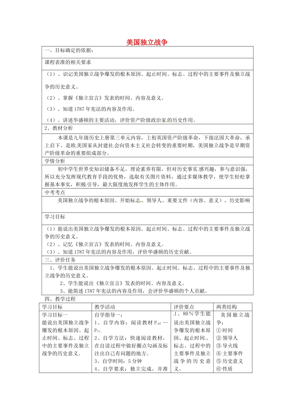 九年级历史上册 第11课 美国独立战争复习教案 中华书局版-中华书局版初中九年级上册历史教案_第1页
