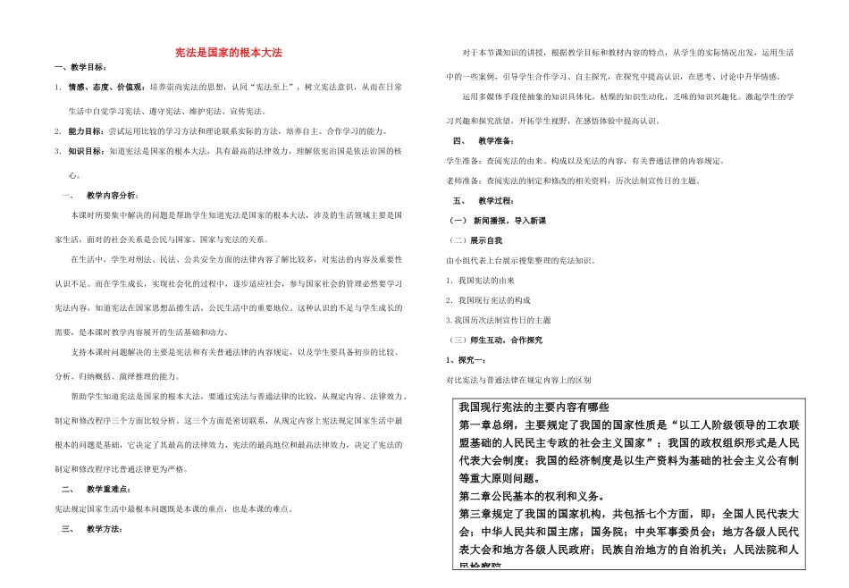 八年级政治下册 第十六课宪法是国家的根本大法教案 鲁教版_第1页
