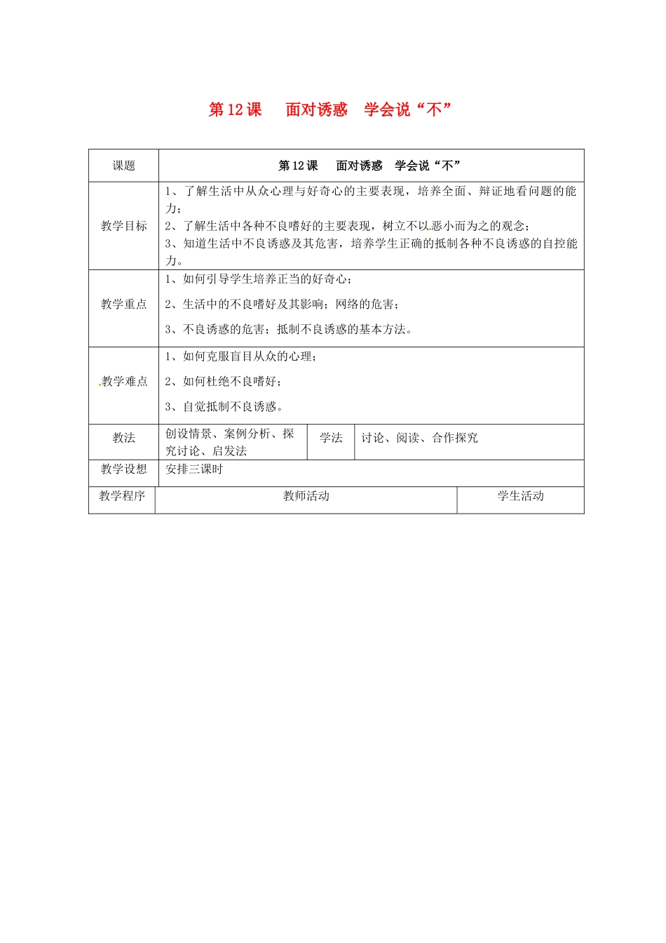 江苏省扬州市江都区双沟中学八年级政治下册 面对诱惑 学会说“不”教案 苏教版_第1页