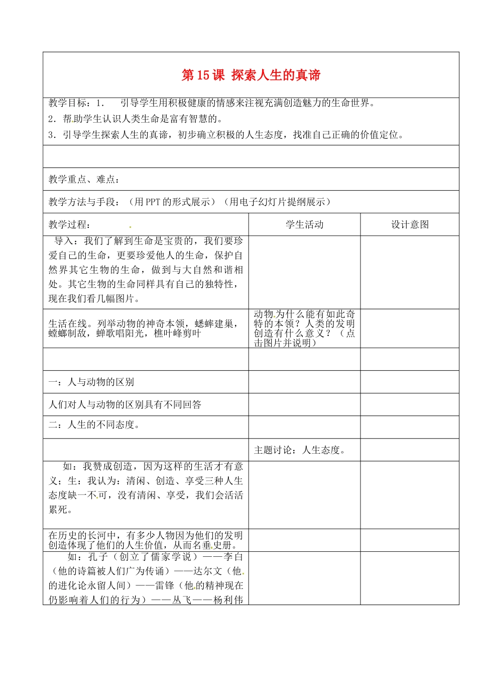 江苏省昆山市锦溪中学七年级政治下册 15.1 探索人生的真谛教案 苏教版_第1页