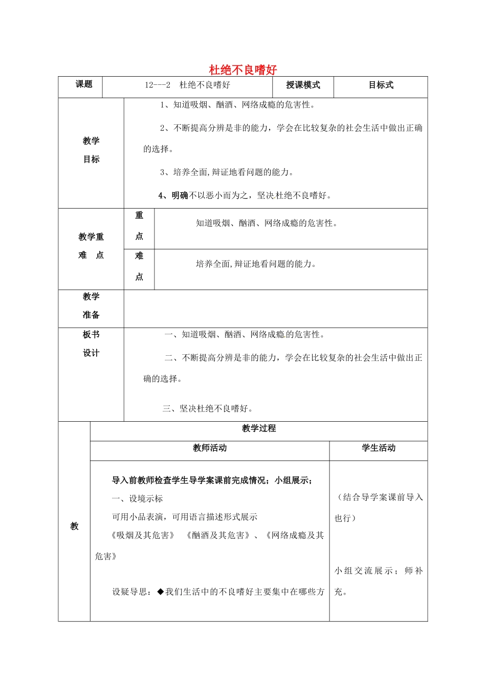 贵州省贵阳市八年级政治下册 第四单元 分清是非 第12课 面对诱惑，学会说“不”杜绝不良嗜好 第2框 杜绝不良嗜好教案1 苏教版-苏教版初中八年级下册政治教案_第1页
