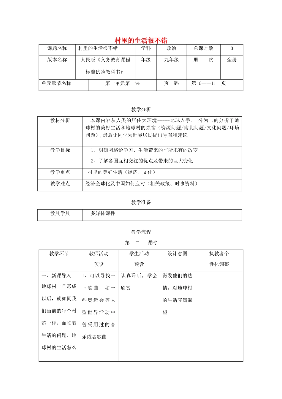 辽宁省凌海市石山初级中学九年级政治全册《村里的生活很不错》教学设计 人民版_第1页