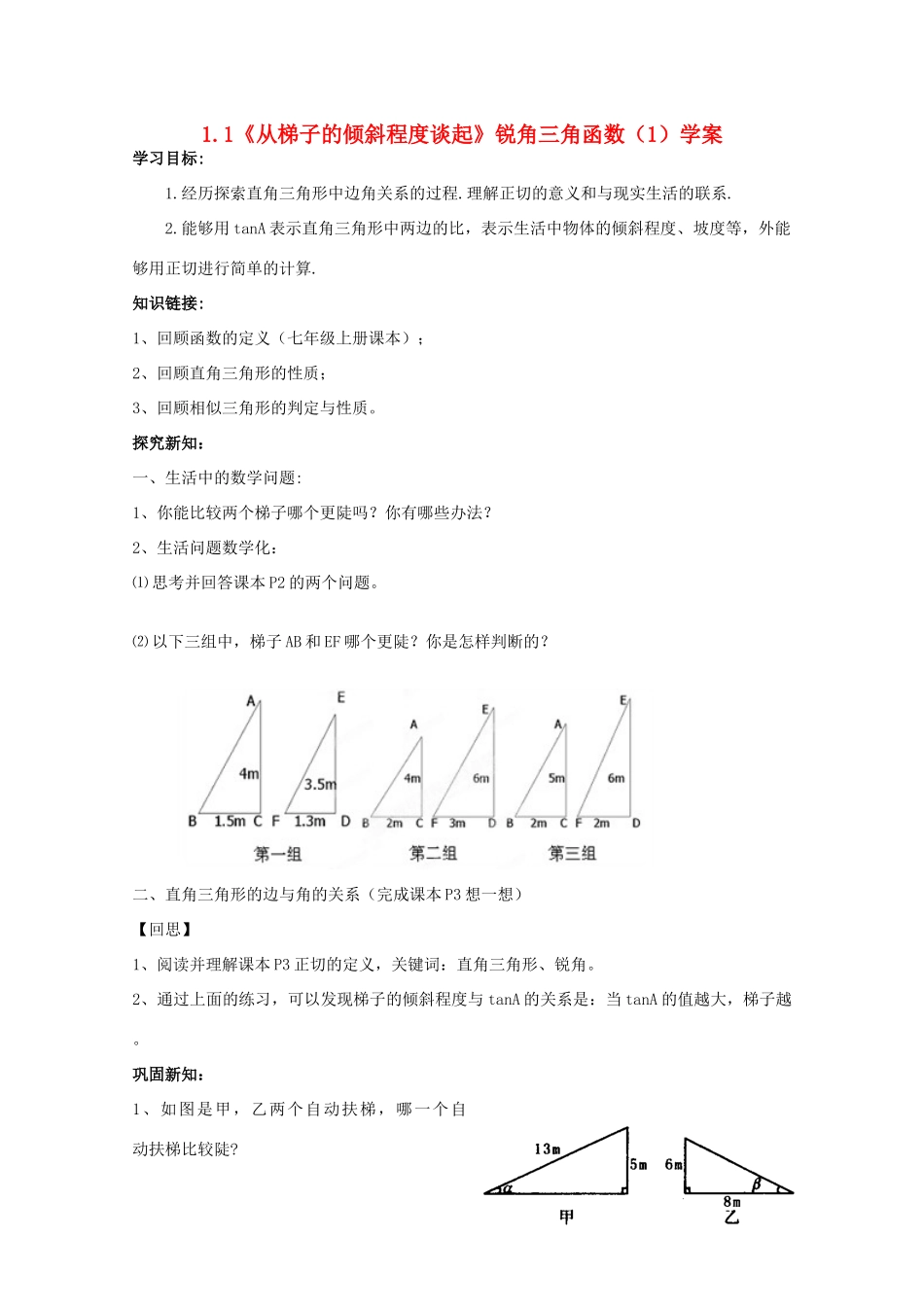 九年级数学上册 1.1《从梯子的倾斜程度谈起》锐角三角函数（1）学案 鲁教版_第1页