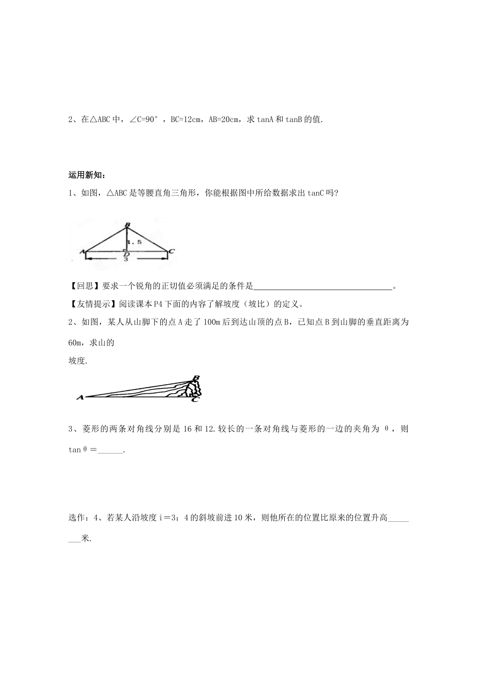 九年级数学上册 1.1《从梯子的倾斜程度谈起》锐角三角函数（1）学案 鲁教版_第2页
