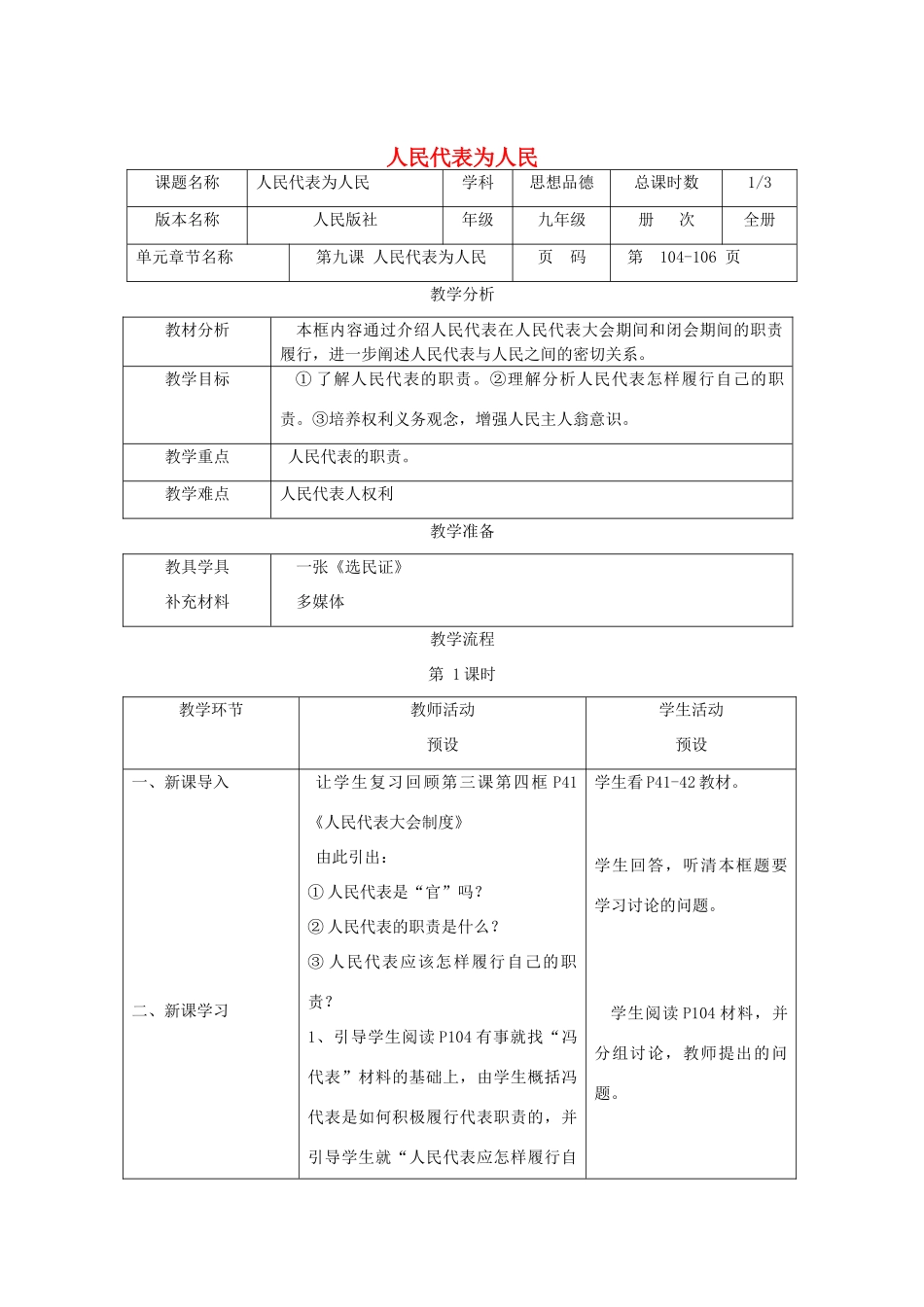 辽宁省凌海市石山初级中学九年级政治全册《人民代表为人民》教学设计 人民版_第1页
