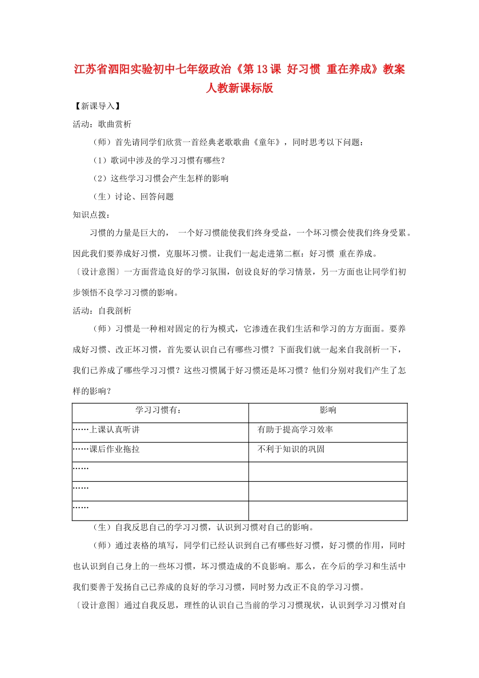 江苏省泗阳实验初中七年级政治《第13课 好习惯 重在养成》教案 人教新课标版_第1页