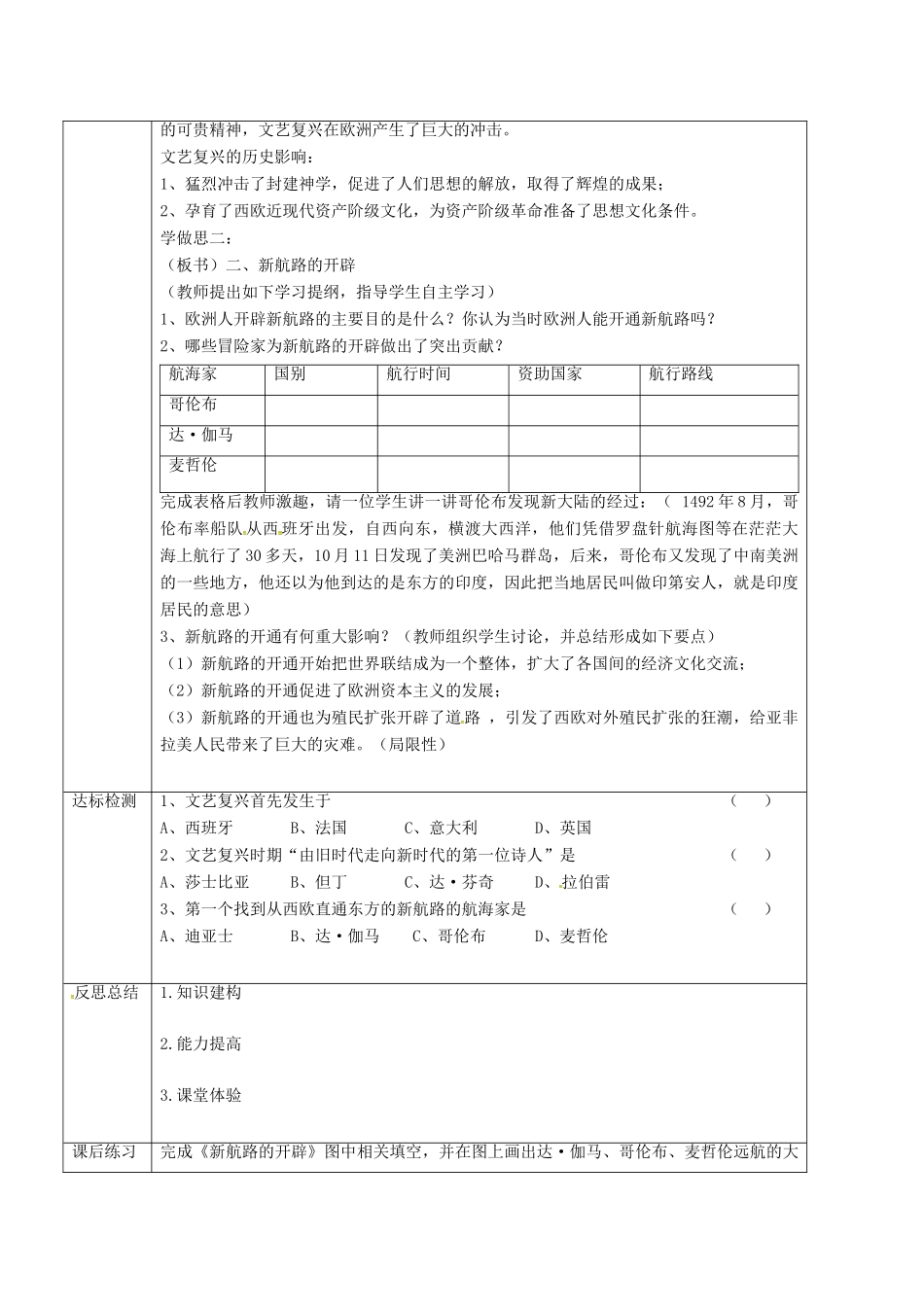 重庆市沙坪坝区九年级历史上册 世界近代史(上)第一学习主题 欧美国家的巨变与殖民扩张 第12课 文艺复兴与新航路的开辟教案 川教版-川教版初中九年级上册历史教案_第2页