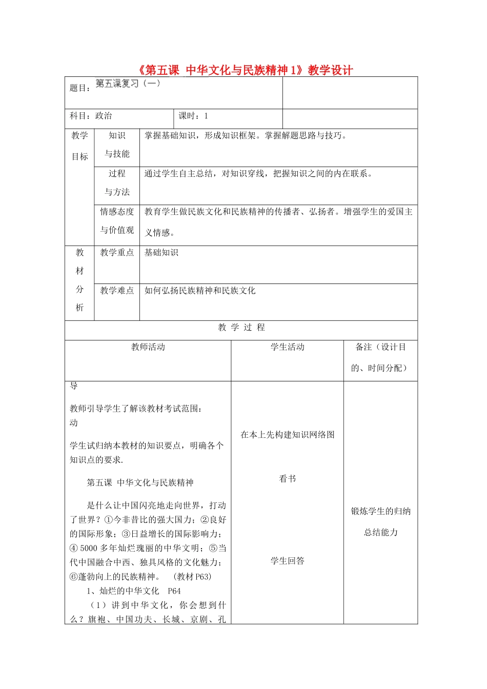 吉林省四平市第十七中学九年级政治全册《第五课 中华文化与民族精神》教案1 新人教版_第1页