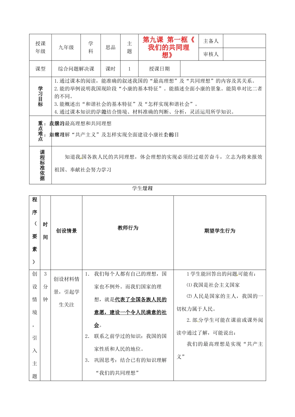 内蒙古鄂尔多斯市东胜区培正中学九年级政治全册 9.1 我们的共同理想教学案 新人教版_第1页