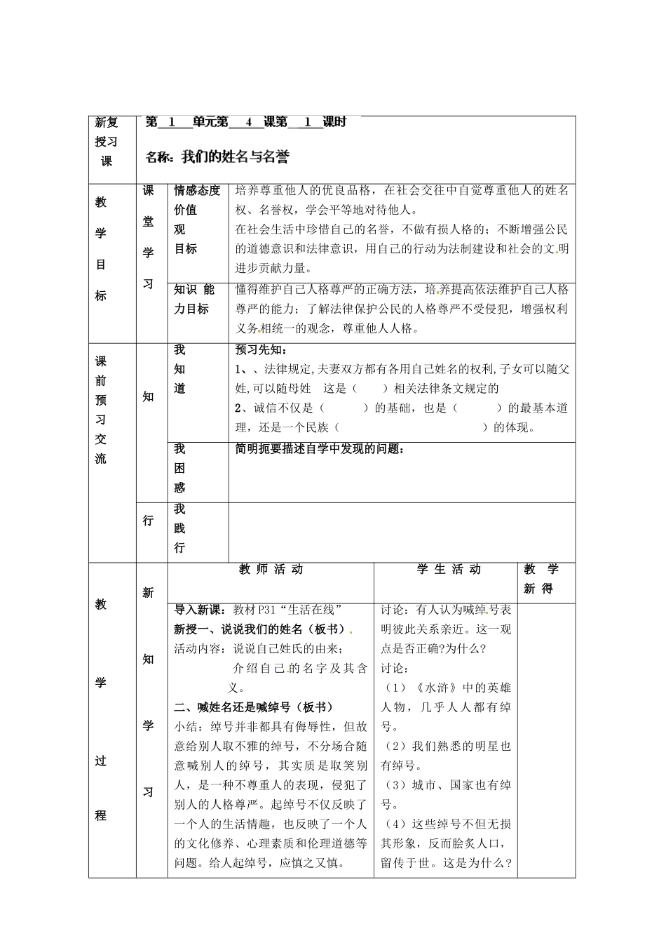 江苏省大丰市刘庄镇三圩初级中学七年级政治上册 第4课 第1框 我们的姓名和名誉教案 苏教版_第2页