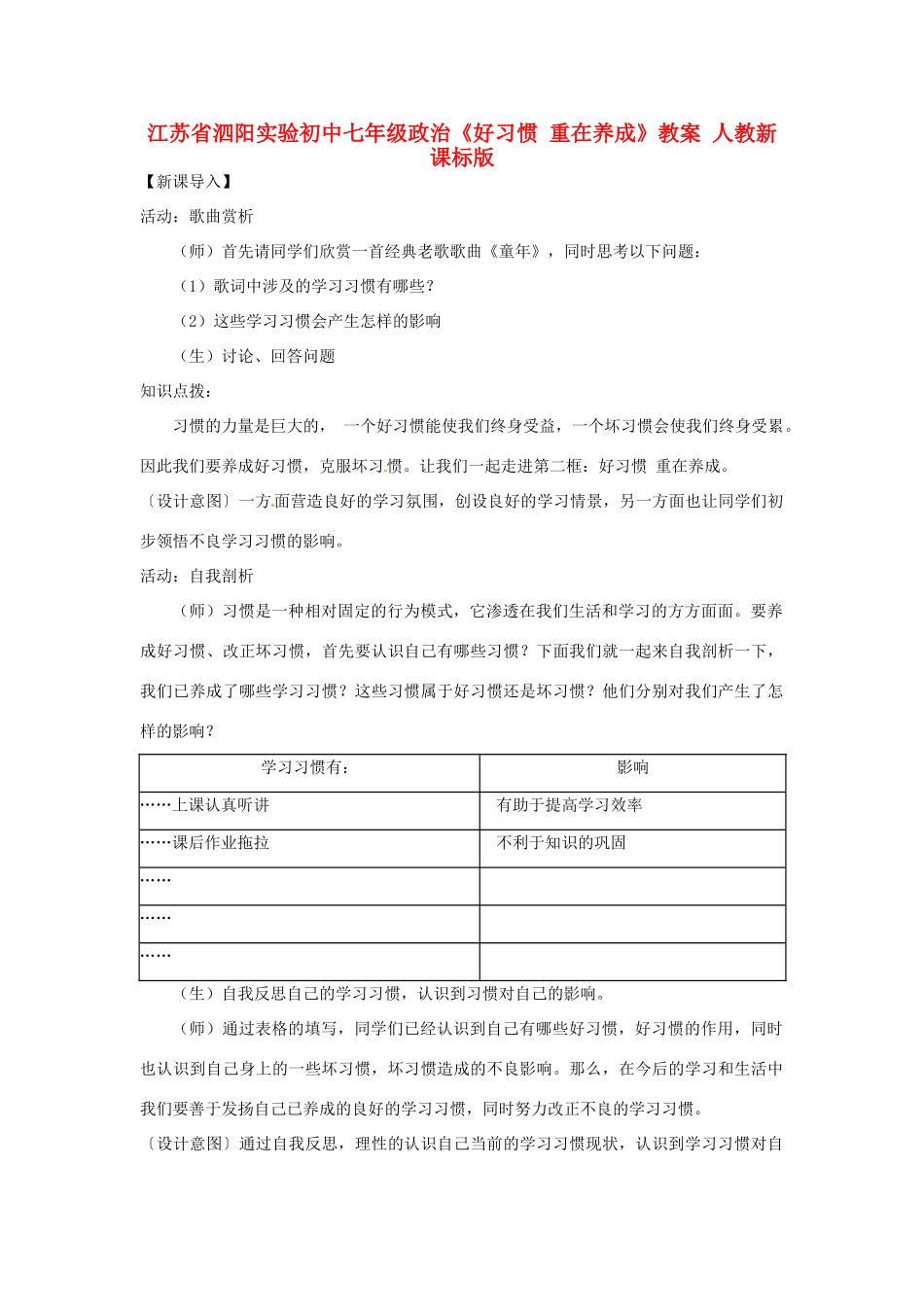 江苏省泗阳实验初中七年级政治《好习惯 重在养成》教案 人教新课标版_第1页