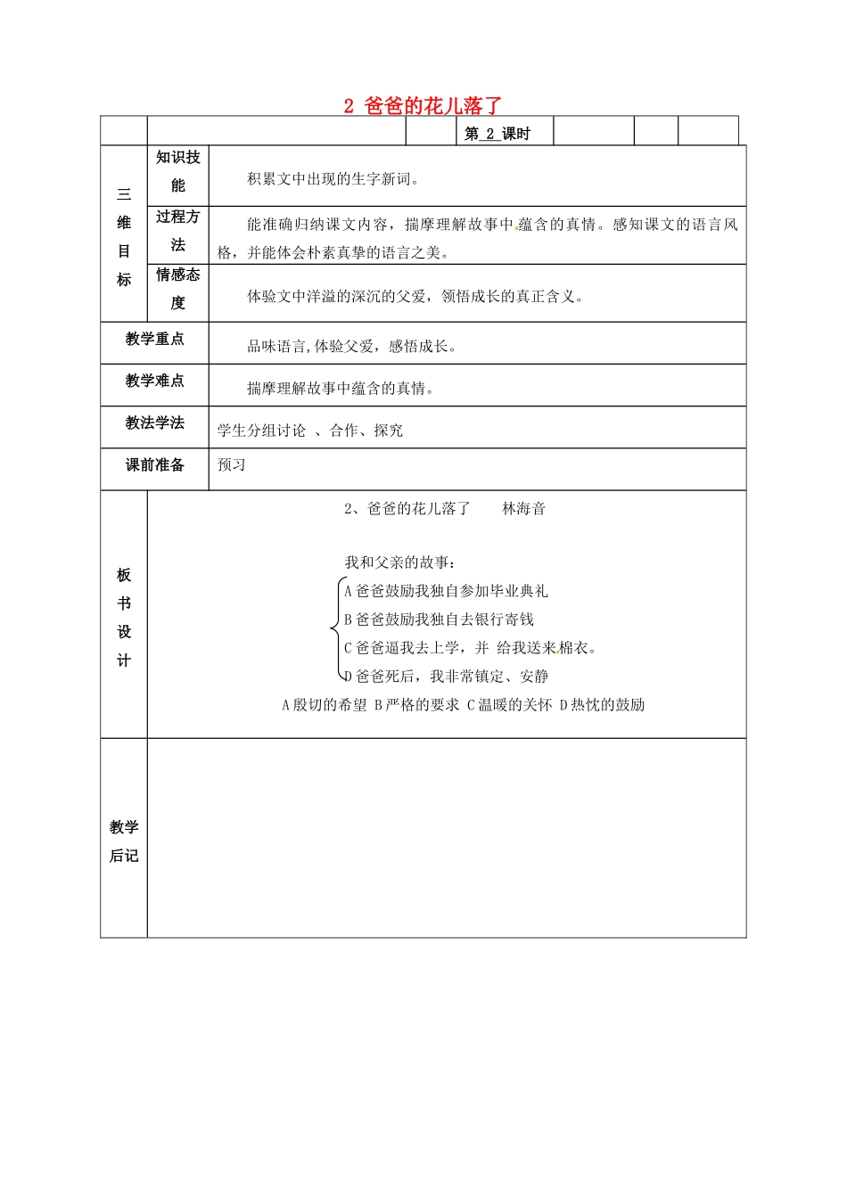 甘肃省武威市第四中学七年级语文下册 2 爸爸的花儿落了教案2 新人教版_第1页