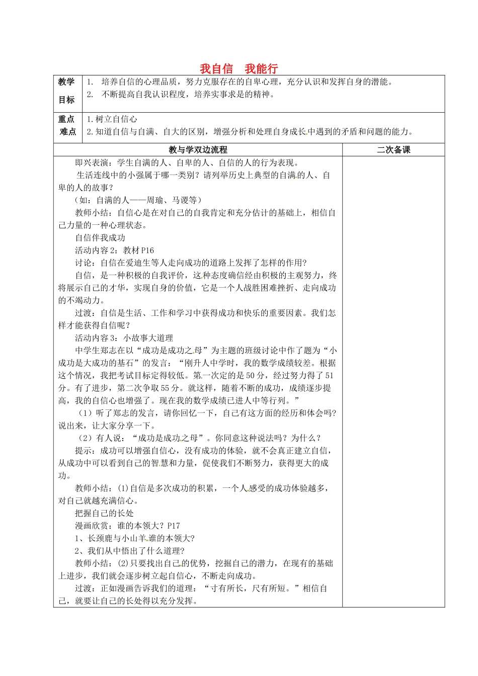 江苏省常州市潞城中学七年级政治上册 第2课 第2框《我自信我能行》教案 苏教版_第1页