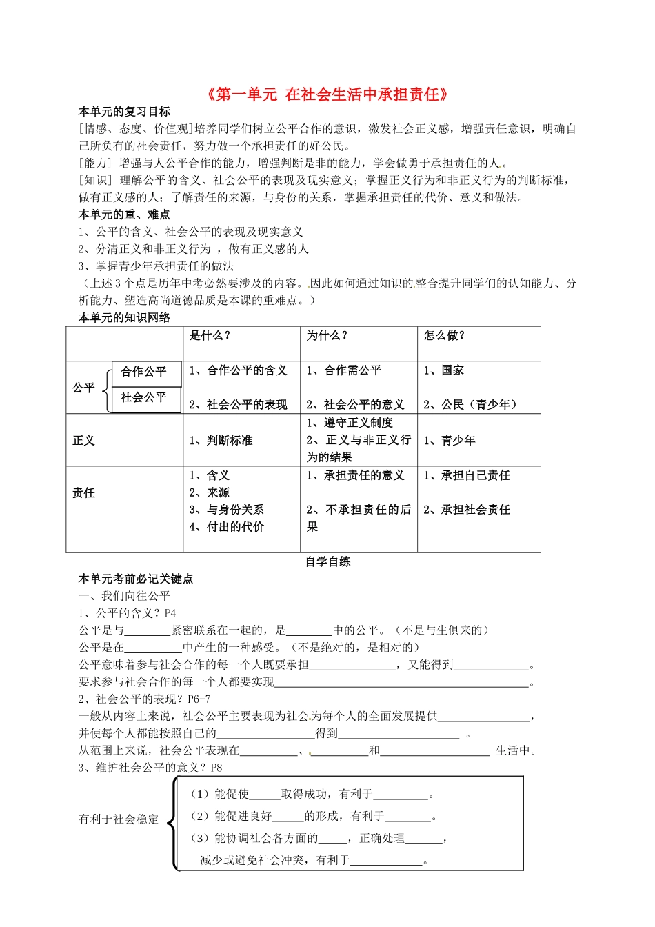 九年级政治全册《第一单元 在社会生活中承担责任》复习教案 鲁教版-鲁教版初中九年级全册政治教案_第1页