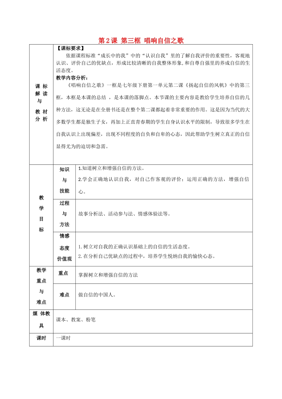 甘肃省武威第十一中学七年级政治下册《第一单元 第2课 第三框 唱响自信之歌》教案 新人教版_第1页