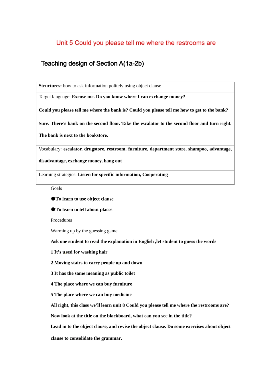 九年级英语：Unit 5 Could you please tell me where the restrooms are（学案2）鲁教版_第1页