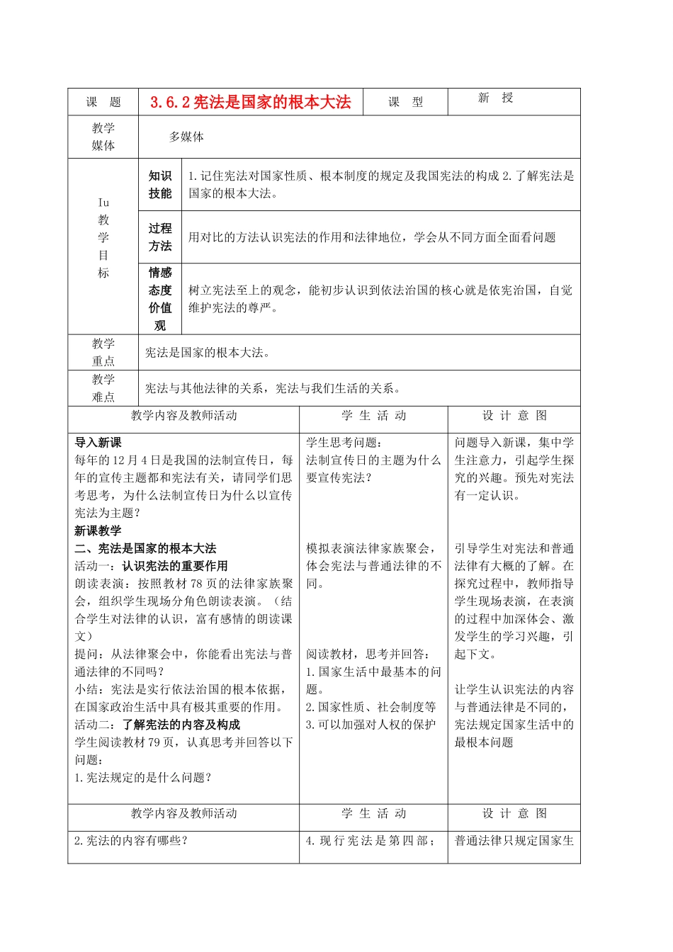 九年级政治 3.6.2宪法是国家的根本大法教案 鲁教版_第1页