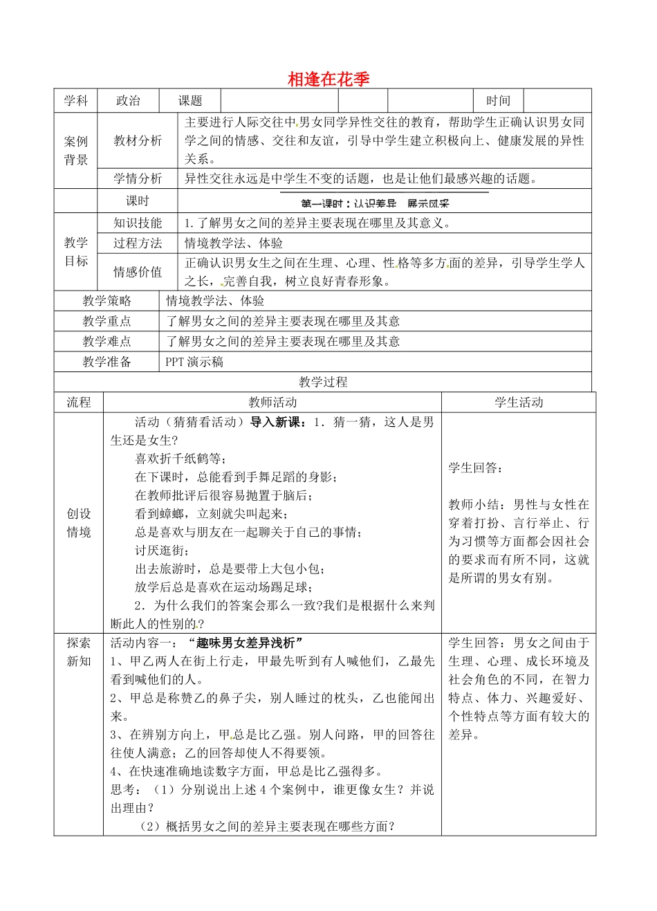 江苏省苏州张家港市一中七年级政治上册 第八课 相逢在花季教案2 苏教版_第1页