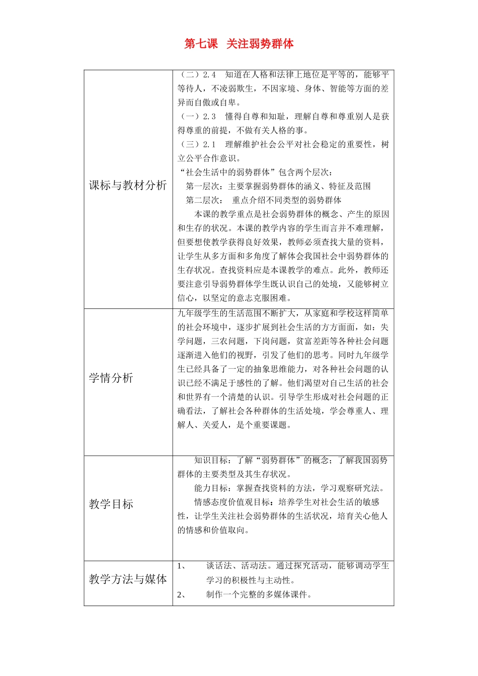 九年级政治 第七课 关注弱势群体教学设计 教科版_第1页