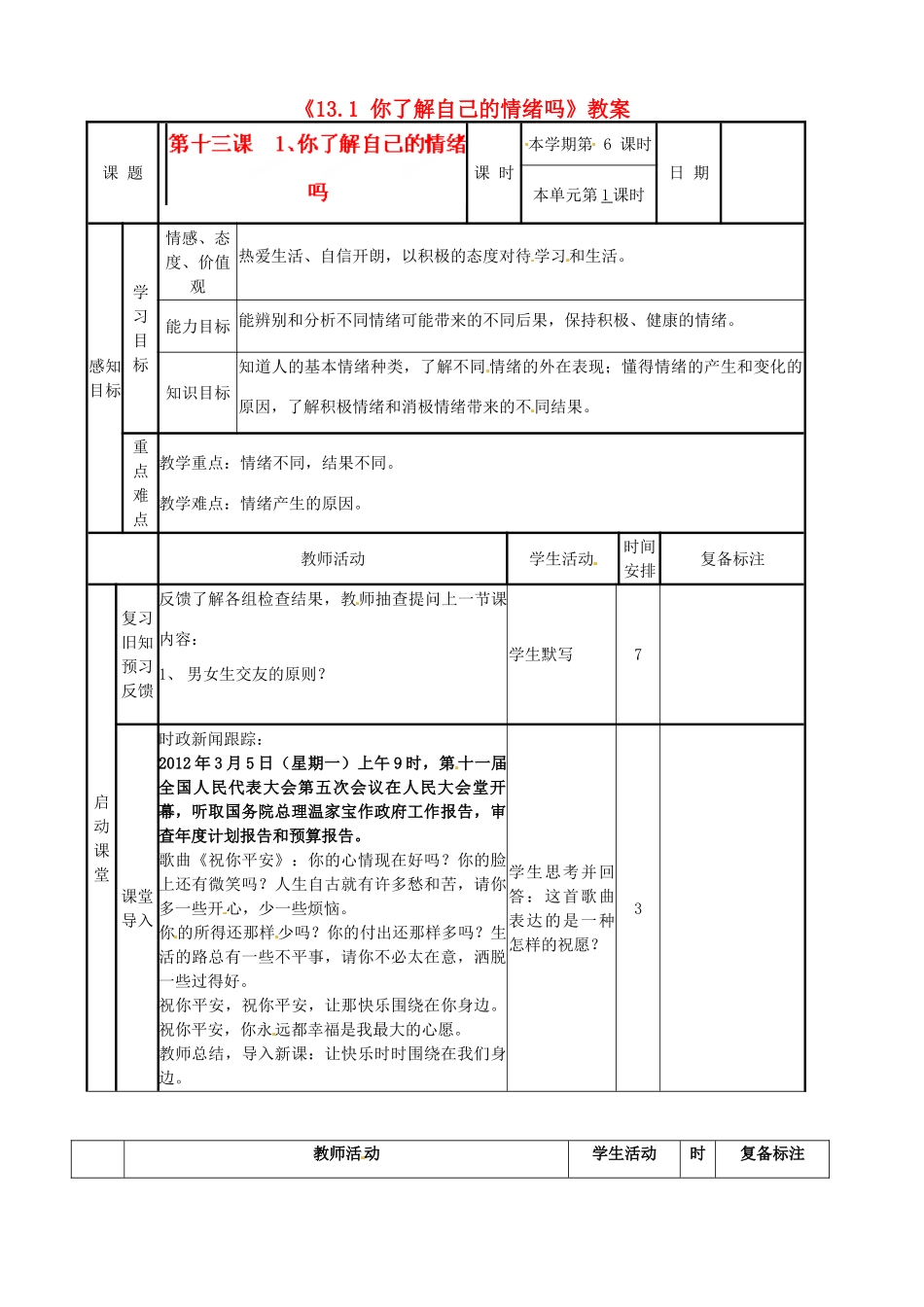 河北省辛集三中七年级政治下册《13.1 你了解自己的情绪吗》教案 新人教版_第1页