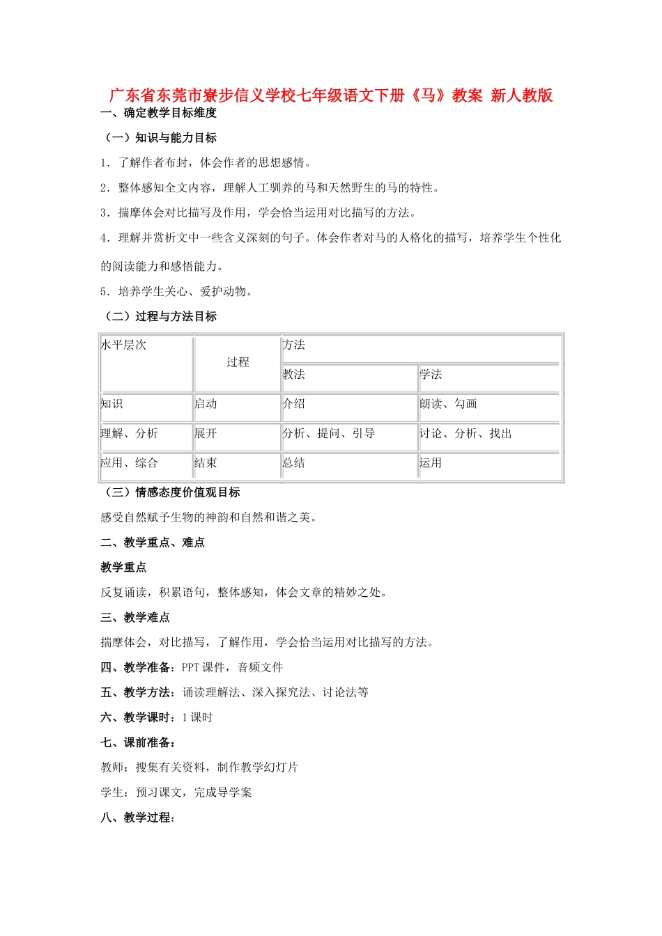 广东省东莞市寮步信义学校七年级语文下册《马》教案 新人教版_第1页