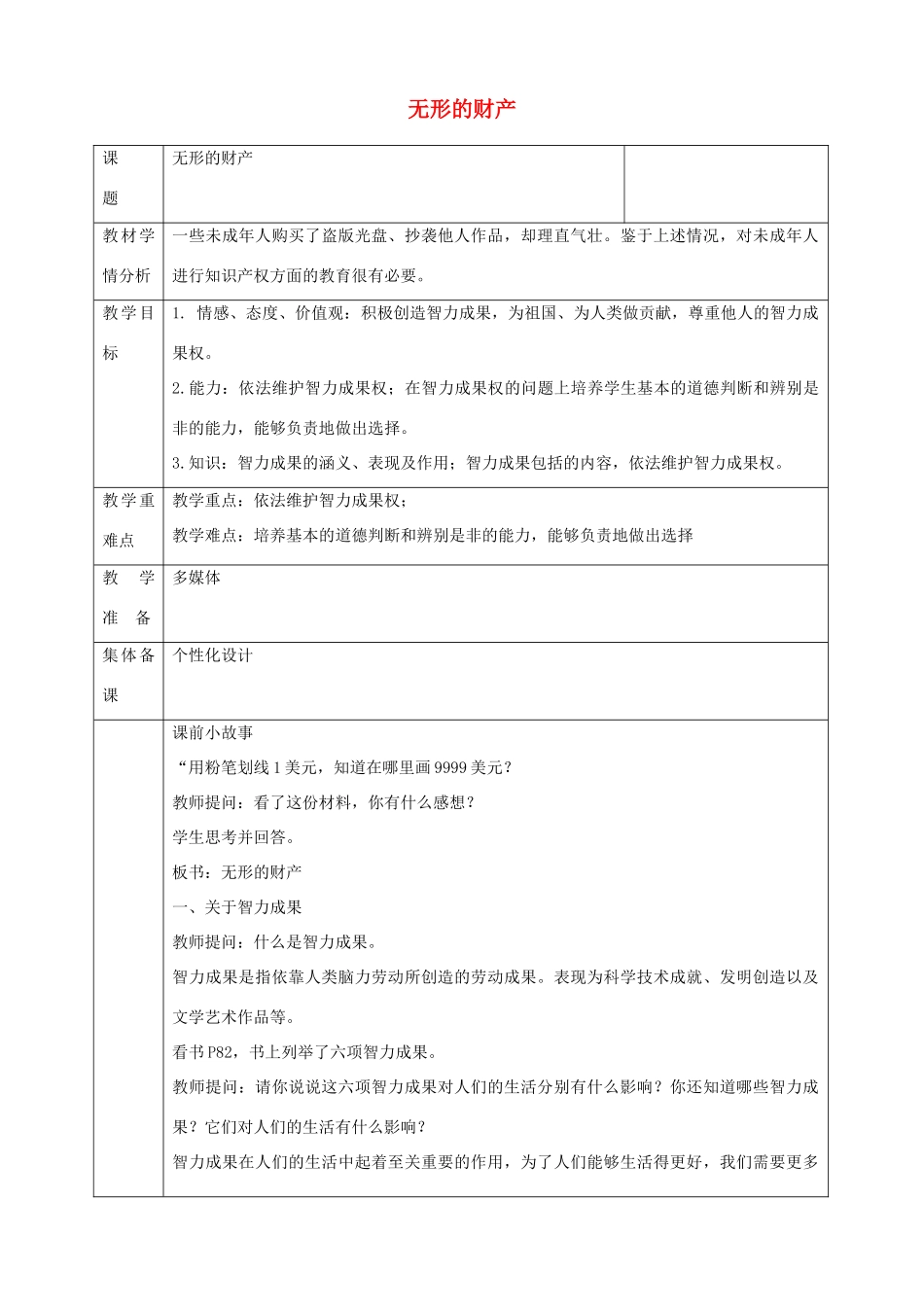 八年级政治下册 第三单元 我们的文化、经济权利 第七课 拥有财产的权利 第3框 无形的财产教学设计 新人教版-新人教版初中八年级下册政治教案_第1页