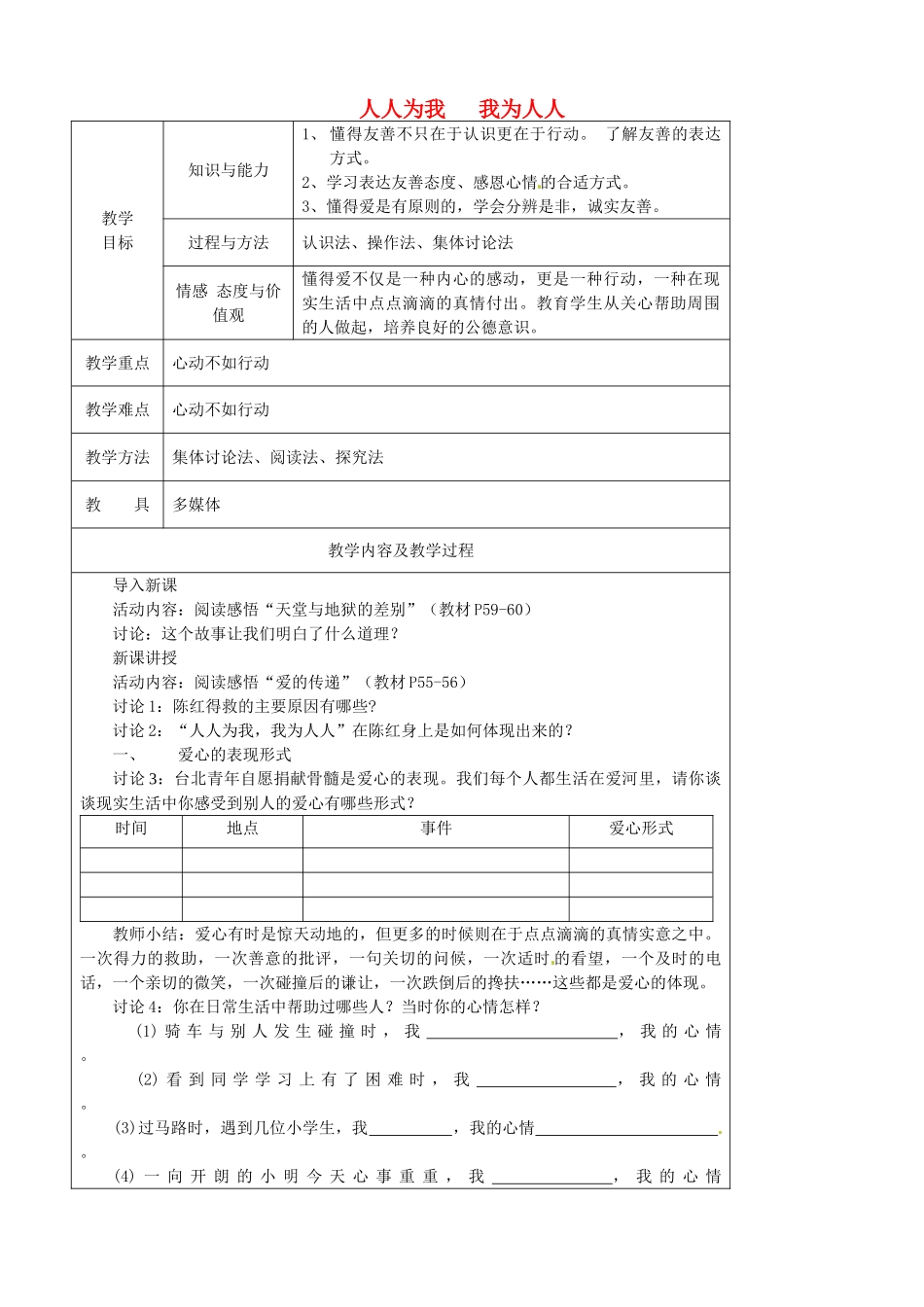 江苏省太仓市第二中学七年级政治上册《第六课 第二框 我为人人 人人为我》教案 苏教版_第1页
