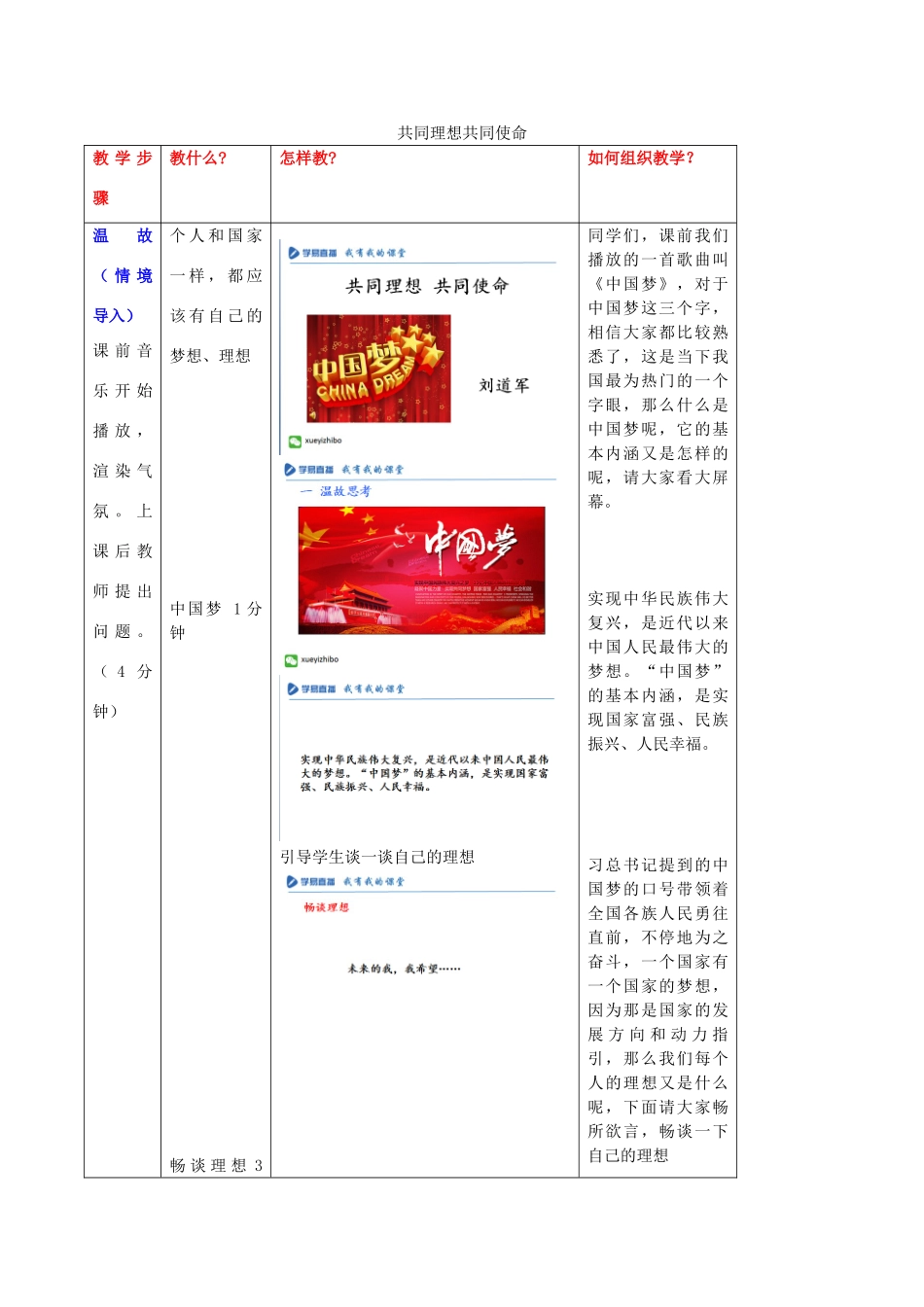 九年级政治全册 第四单元 第十课 第1框 共同理想共同使命教案 鲁教版-鲁教版初中九年级全册政治教案_第1页
