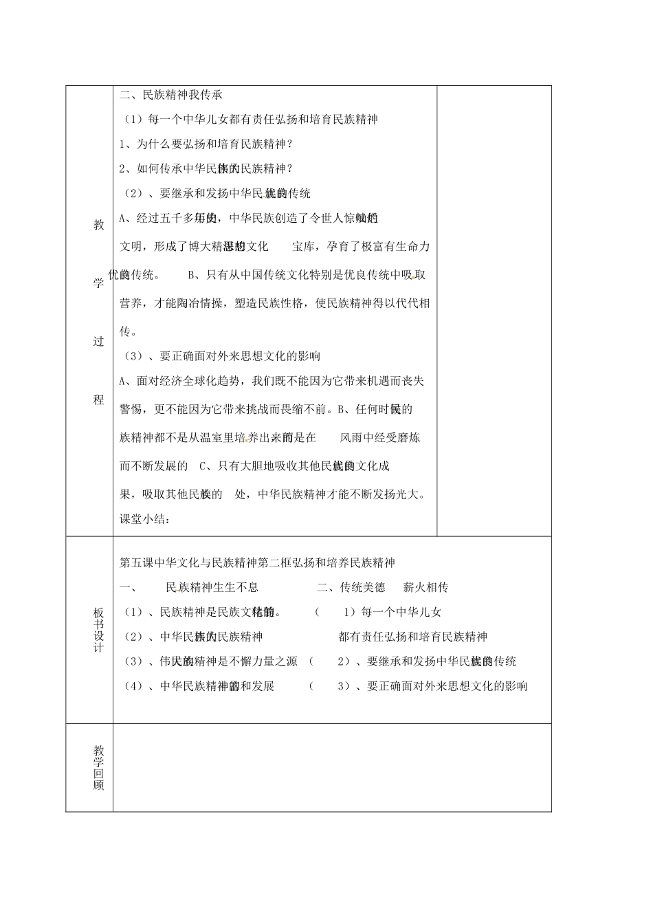 辽宁省鞍山市九年级政治全册 第二单元 了解祖国 爱我中华 第五课 中华文化与民族精神 第2框 弘扬和培育民族精神教案 新人教版-新人教版初中九年级全册政治教案_第3页