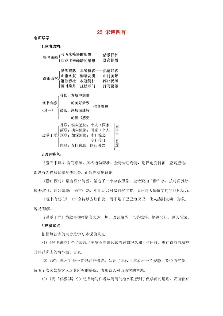 秋八年级语文上册 22 宋诗四首课堂导学 北京课改版-北京课改版初中八年级上册语文学案_第1页